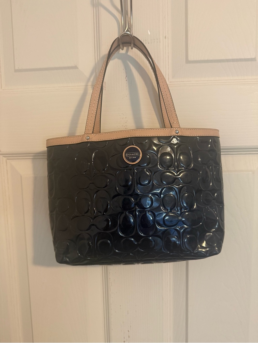 Coach Black Patent Tote with Light Tan Handles